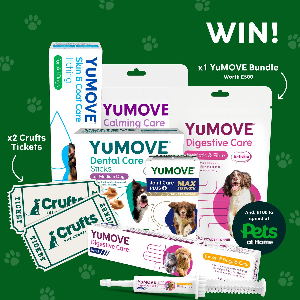 💚<a href="/YuMOVE/">YuMOVE</a>_UK are giving you the chance to win:
🎁 1 x YuMOVE bundle
🎟️ 2 x tickets to Crufts 2025
🐾 1 x Pets at Home gift card

How to enter:
- Like this post
- Follow <a href="/Crufts/">Crufts</a> &amp; @YuMOVE

Entries close 08.02.25, the winner will be announced shortly after. Good luck! T&amp;Cs Apply