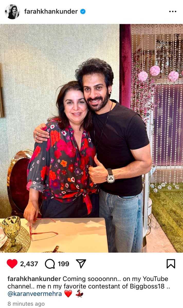 BornToConquerrr's tweet photo. #FarahKhan’s Instagram Post - Her favorite contestant of #BiggBoss18

#KaranveerMehra 🥰❤️ https://t.co/gGtjNomwzx