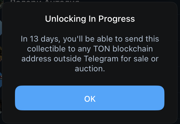 ramza07's tweet photo. You can now send your NFT gifts on @telegram via @ton_blockchain .
I have Signet Ring items - some have an 8-day unlock period while others have 13 days. The timing seems arbitrary, and some people can already trade them on @getgemsdotio 

Anyone have more info? https://t.co/fn77xIb6h3