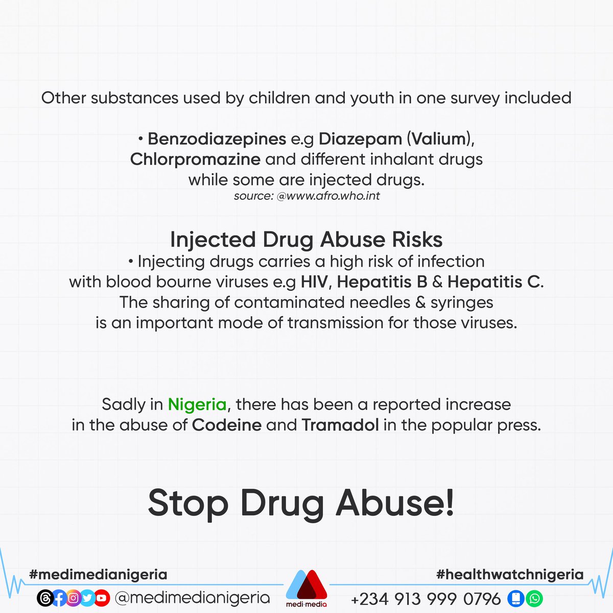 MediMediaNG's tweet photo. Drug abuse may lead to social, physical, emotional, and job-related problems which is caused by excessive use of psychoactive drugs, such as alcohol, pain medications or illegal drugs.

#medimedianigeria #healthforall #pain #beestpatrol #sad #nigeria #explore #life #love #drugs https://t.co/lyGA9LchfB