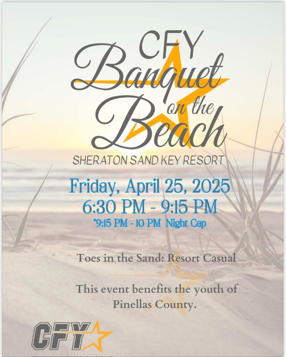 cfypinellas's tweet photo. Support youth athletics, education, and water safety in Pinellas County, join us at CFY's Banquet on the Beach!

Save The Date: Friday, April 25, 2025, for CFY Banquet on the Beach at the Sheraton Sand Key.

https://t.co/nwNOLETuzM https://t.co/QFElkIyDdK