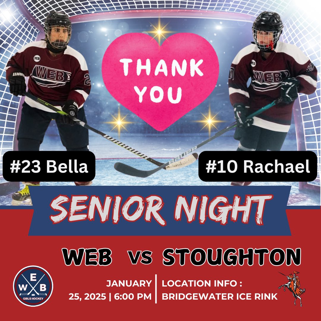 🚨 Game Day: Come celebrate these two seniors as WEB takes on Stoughton for senior night at 6pm at Bridgewater Ice Arena