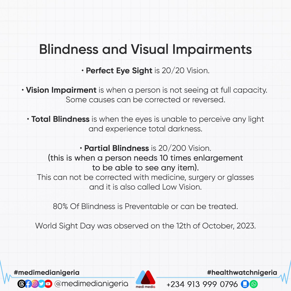 MediMediaNG's tweet photo. Globally, the leading causes of vision impairment and blindness are Refractive errors, Cataract, Diabetic retinopathy and Glaucoma
Essentially, blindness is a severe form of visual impairment where there is no sight at all

#medimedianigeria #healthforal #blur #vision #eyes #drug https://t.co/uAOhuzxBP9