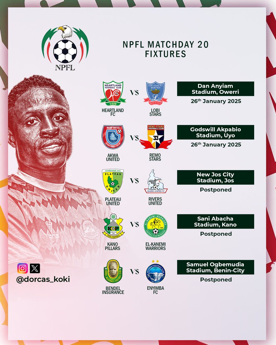 Dorcas_Koki's tweet photo. 🚨 NPFL RETURNS 🚨

The second stanza of the @NigeriaPFL returns with Matchday 20 fixtures 

Where would you rather be this weekend than watch an NPFL match 😊

#NPFL25 #ItsOurOwn https://t.co/rmzx7dhSNh