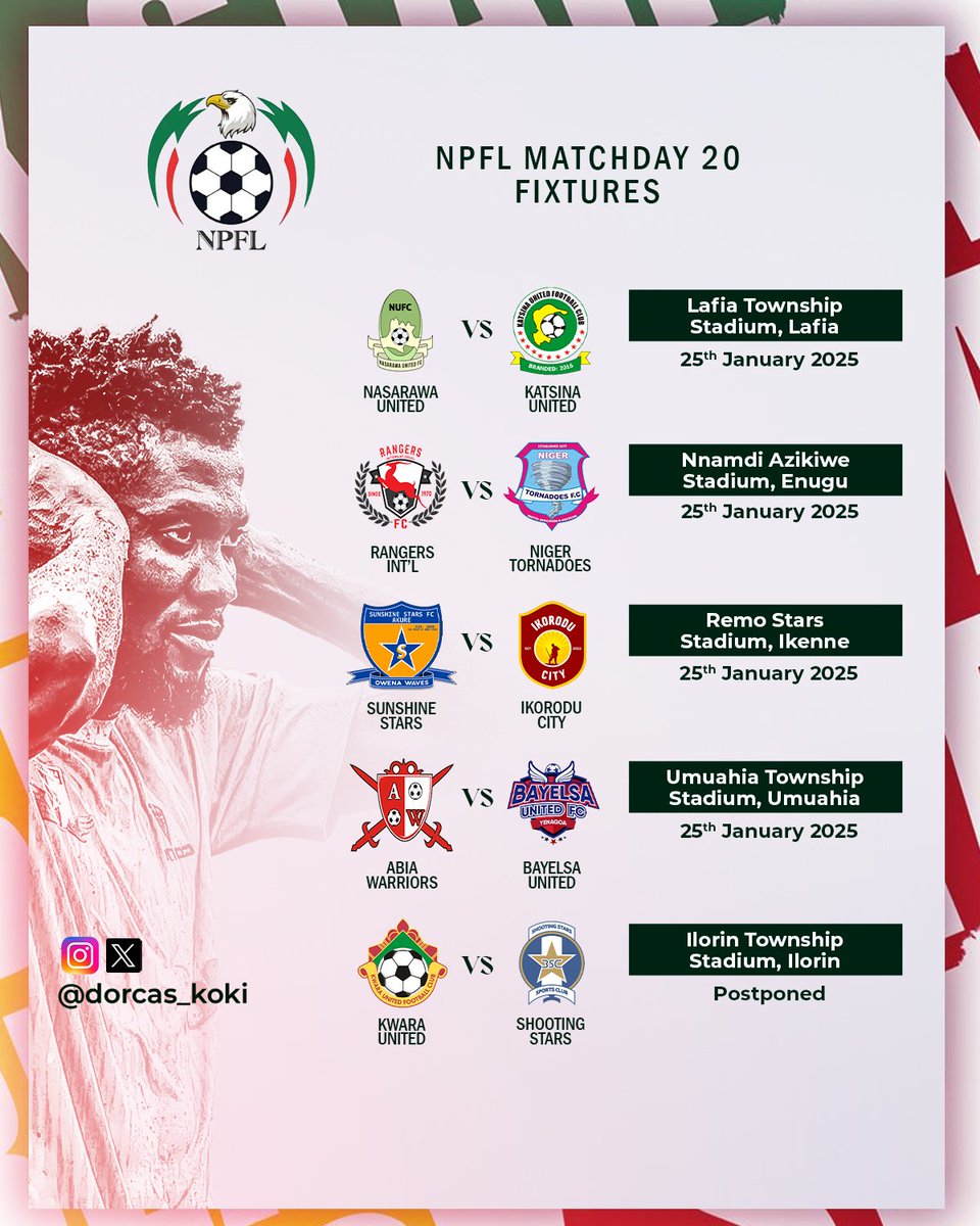 Dorcas_Koki's tweet photo. 🚨 NPFL RETURNS 🚨

The second stanza of the @NigeriaPFL returns with Matchday 20 fixtures 

Where would you rather be this weekend than watch an NPFL match 😊

#NPFL25 #ItsOurOwn https://t.co/rmzx7dhSNh