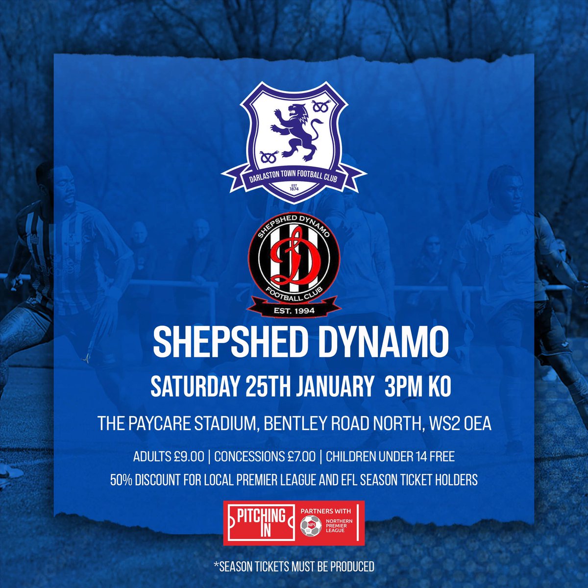 🔵⚪️🟡MATCHDAY🟡⚪️🔵

This afternoon Darlaston Town welcome Shepshed Dynamo to the Paycare Stadium.

Kick off 3pm
Gates &amp; Bar open 1pm.

Come and take advantage of the new offers the club announced this week.

Please bring family friends neighbours to support the club