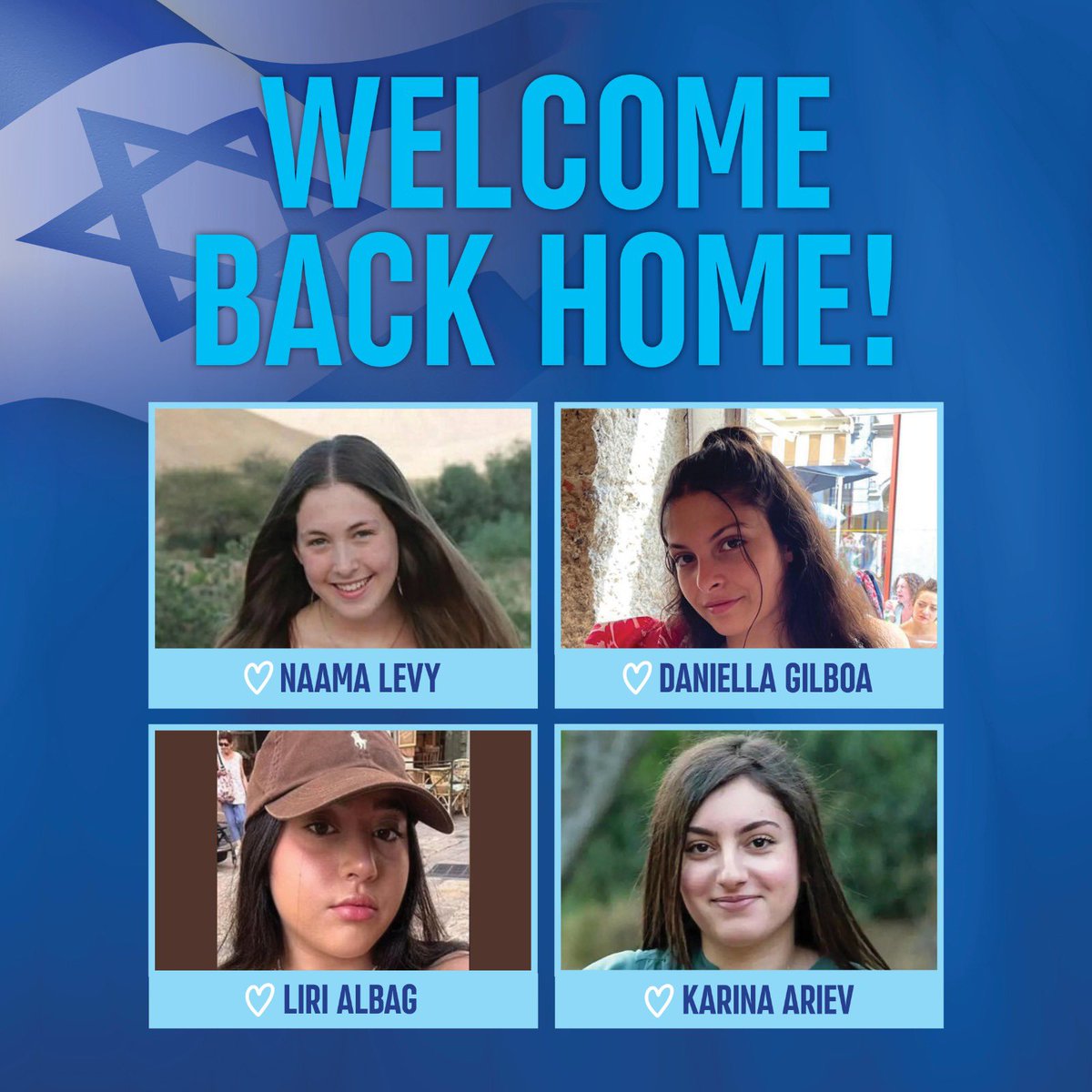 Naama, Daniella, Liri, Karina -
WILLKOMMEN zurück in ISRAEL.
🇮🇱❤️🇮🇱❤️💪🇮🇱❤️💪💪❤️🇮🇱

BITTE teilt dieses Foto.
Danke.