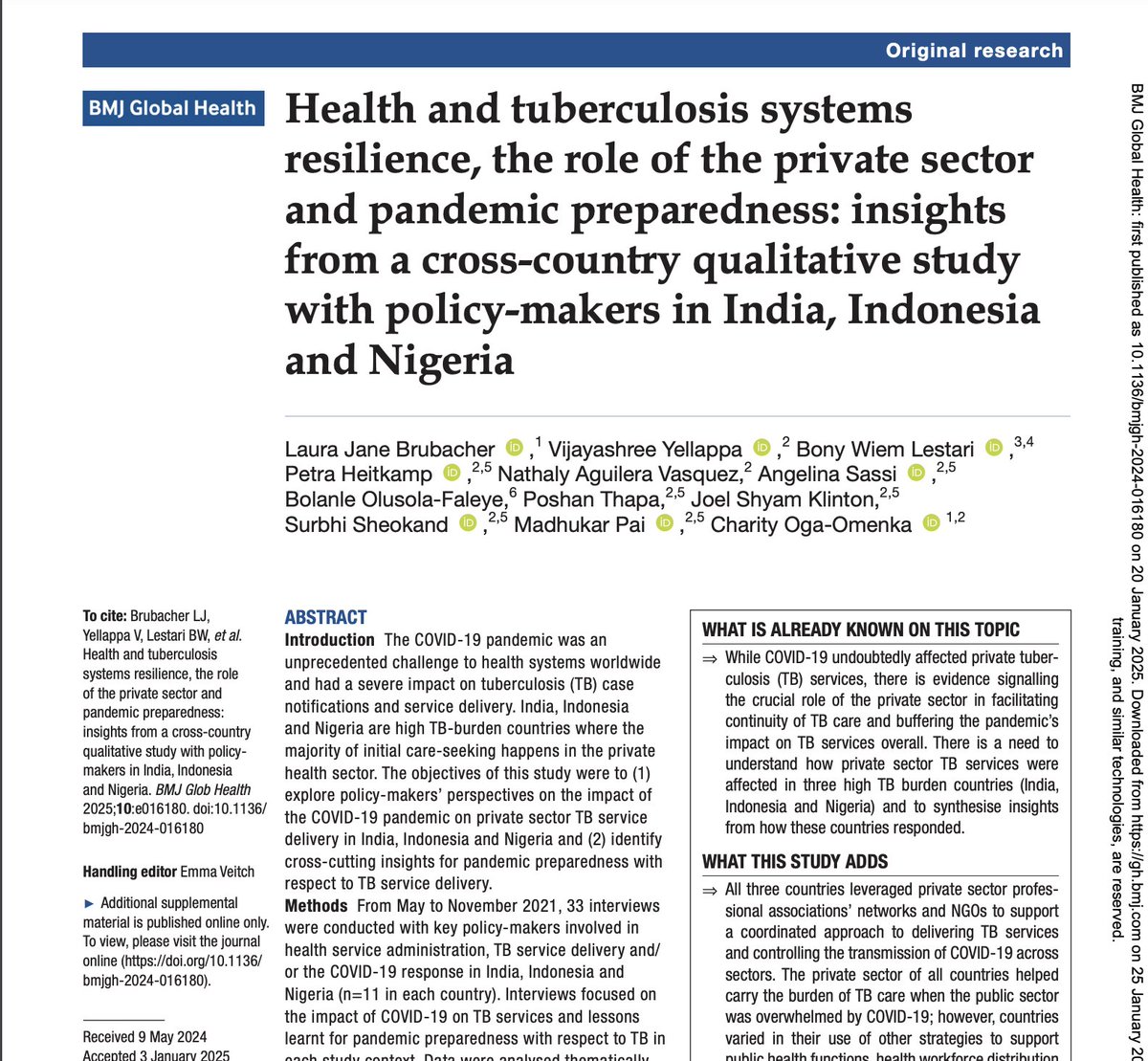 Vijayashree Yellappa (@dr_vijayashree) on Twitter photo Sharing our study in <a href="/GlobalHealthBMJ/">BMJ Global Health</a> explores how TB & health systems adapted to #COVID19 in India, Indonesia & Nigeria. Highlights private sector’s crucial role,Public-private collaboration & lessons for pandemic preparedness.
🔗 Read here: gh.bmj.com/content/10/e01… Sharing our study in <a href="/GlobalHealthBMJ/">BMJ Global Health</a> explores how TB & health systems adapted to #COVID19 in India, Indonesia & Nigeria. Highlights private sector’s crucial role,Public-private collaboration & lessons for pandemic preparedness.
🔗 Read here: gh.bmj.com/content/10/e01…