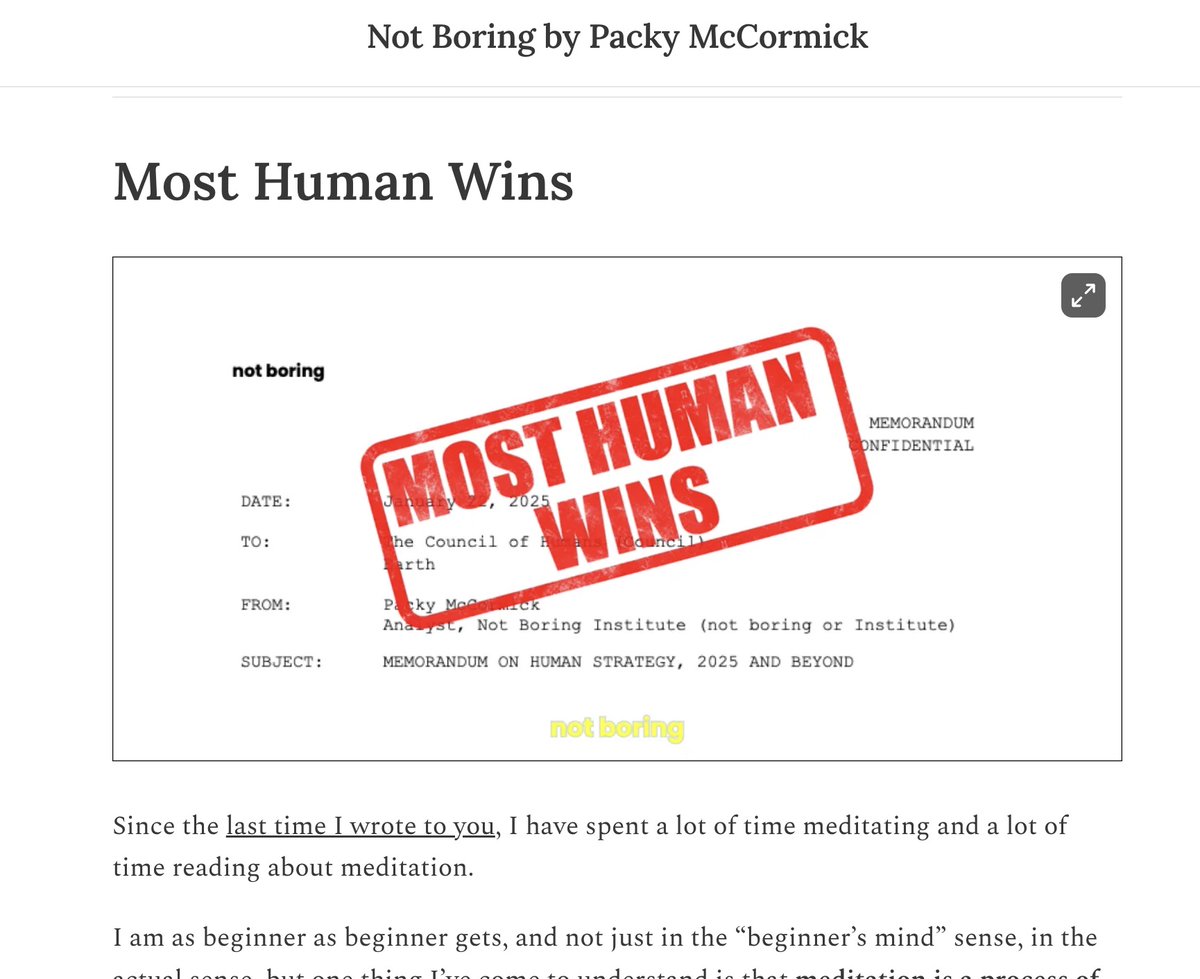 "Most Human Wins" by <a href="/packyM/">Packy McCormick</a> 

How the increasing commoditization of human skills, especially cognitive ones, through AI is not a threat but an opportunity for humans to focus on uniquely human capabilities
calmdigest.com/?q=https%3A%2F…
