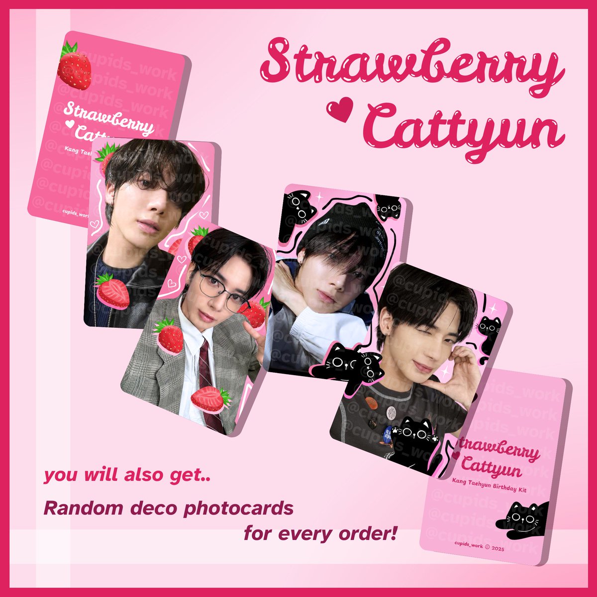 [OPEN PRE-ORDER]
• please help rt

strawberry cattyun, taehyun birthday kit ♡𐙚˚⊹
— photocard holder, keychain, pin button

🗓 25 Jan - 5 Feb 2025
📍Tangerang

Link order : linktr.ee/cupidswork

wts wtb txt tomorrow x together bday package soobin yeonjun beomgyu hueningkai