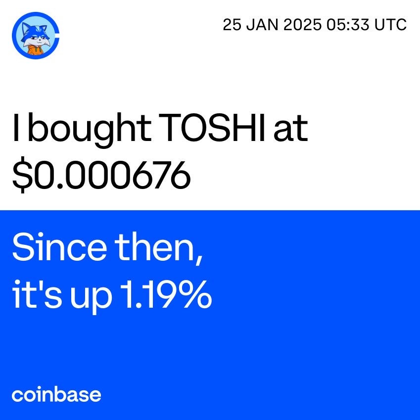 followKrystal's tweet photo. I bought TOSHI on @Coinbase for $0.000676. Buy TOSHI for yourself here: https://t.co/GwgvijMGSJ https://t.co/ZZ6x1dPkUN