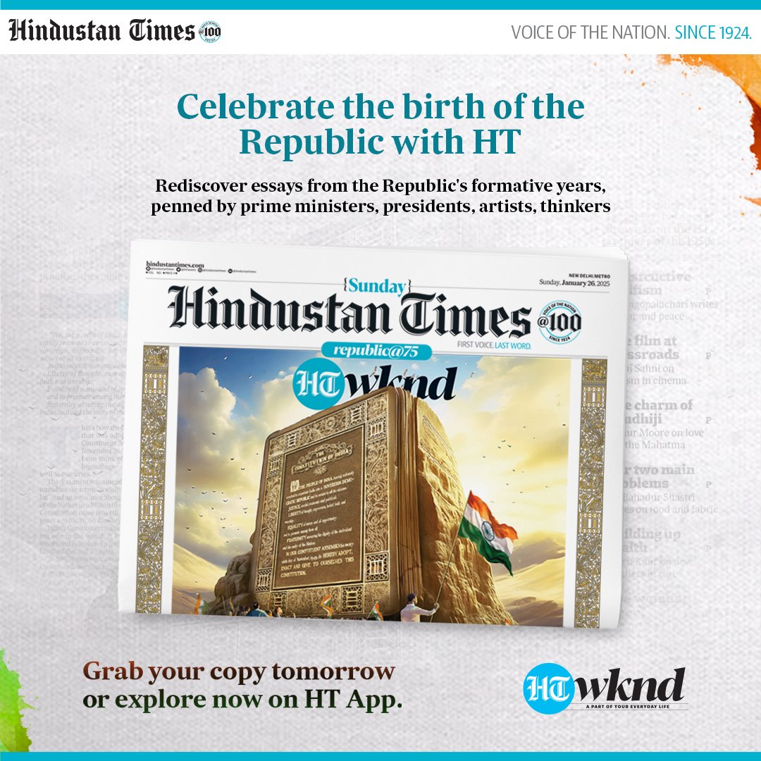 livemint's tweet photo. #HTWknd | Republic@75: Step back in time this #RepublicDay. Rediscover essays from India’s formative years, written by prime ministers, presidents, artists, thinkers.
Know more: https://t.co/ANcnsbM3C6
#HTat100 #HTArchives #RepublicDay2025 https://t.co/8Et4KTo9kt