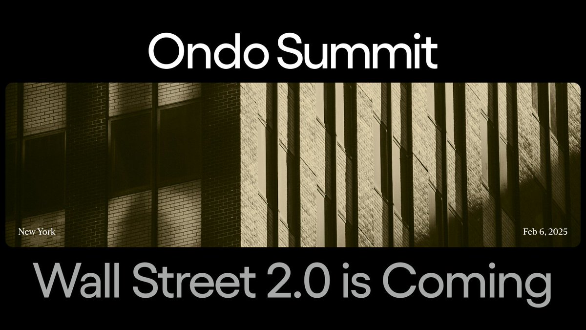 OndoFinance's tweet photo. We're putting on the NYT DealBook-level event for crypto.

The Ondo Summit will mark the first major industry event following the inauguration of @realDonaldTrump, bringing the potential of tokenization into the spotlight.

Leaders from TradFi, Crypto, and Policy will set the narrative for tokenization in 2025 and beyond, all in a single day.

Save the date and watch the future unfold, live online: https://t.co/vylmGfYFJs