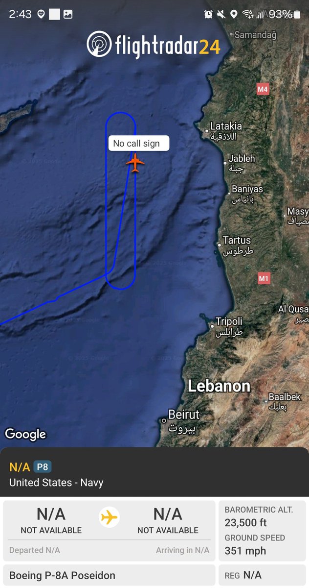 Borrowed7Time's tweet photo. US Navy P-8A Poseidon w/hex #AE67A8 out of NAS Sigonella, operating over the E. Mediterranean monitoring Syria.
@sipjack1776 @Dinlas3 @SR_Planespotter https://t.co/qHIm7sV6bu