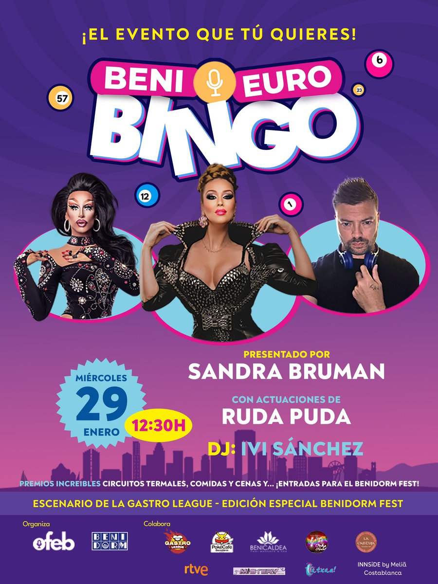 somoslaofeb's tweet photo. El Benieuro-Bingo que quieres: música, bailoteo, drag, risas y ¡muchos premios y sorpresas!

Con Sandra Bruman como maestra de ceremonias, la drag internacional Ruda Puda sirviendo y con el DJ local Ivi Sánchez

#somosbenieurofans #somoslaOFEB #BenidormFest #BenieuroEventos https://t.co/eHBH7737hY