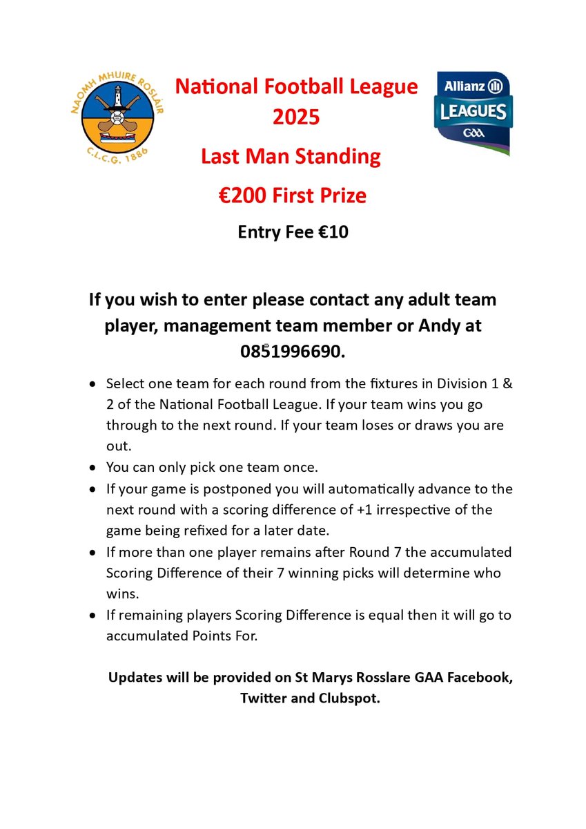 Last chance to enter the last man standing competition entries must be in by 5pm today