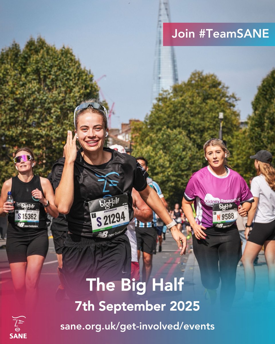 Join #TeamSANE and take part in The Big Half! 🌟

Run the half marathon whilst taking in the iconic sights of London, starting at Tower Bridge and finishing at the Cutty Sark in Greenwich 🌁🚢

Register your interest on our website: sane.org.uk/get-involved/e…