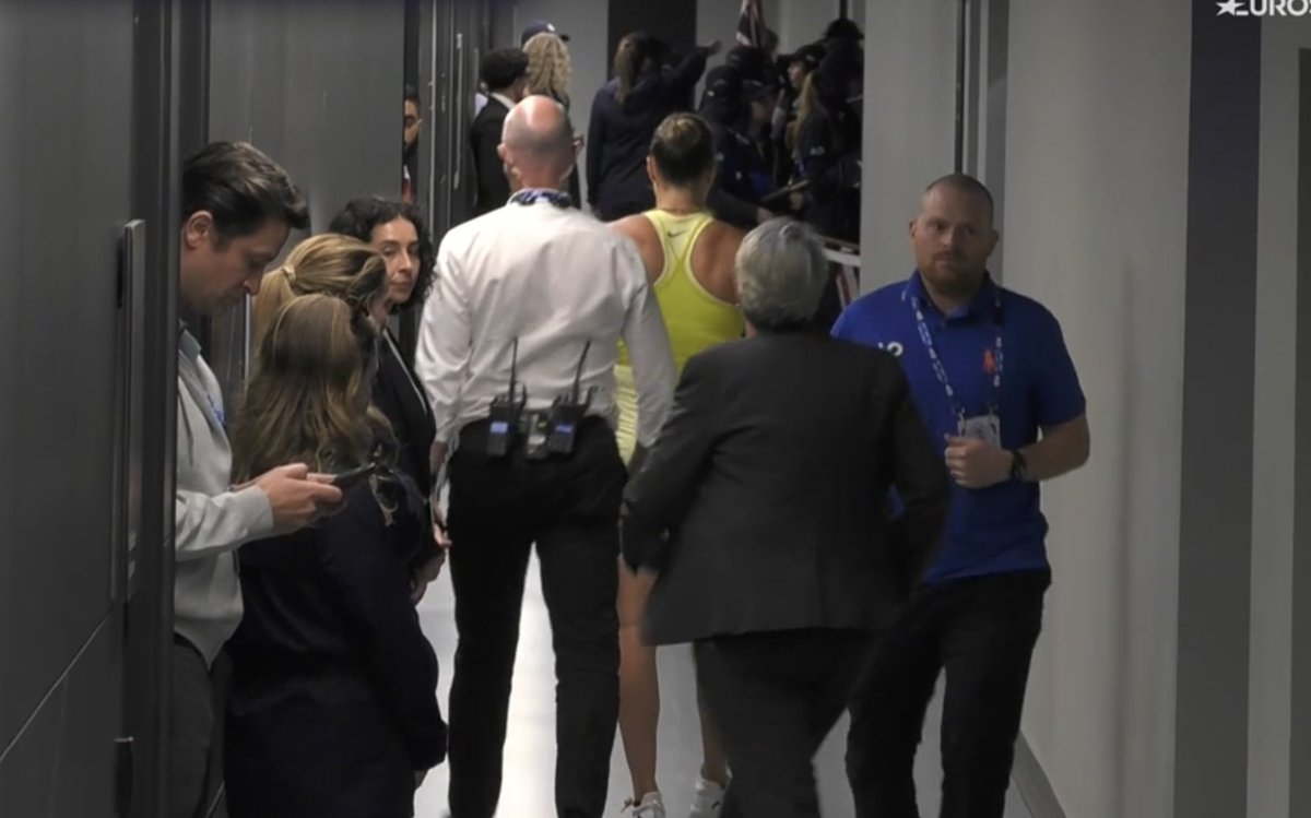 Sabalenka leaves the court before the ceremony, in tears.

Broke her racket and looks super frustrated.