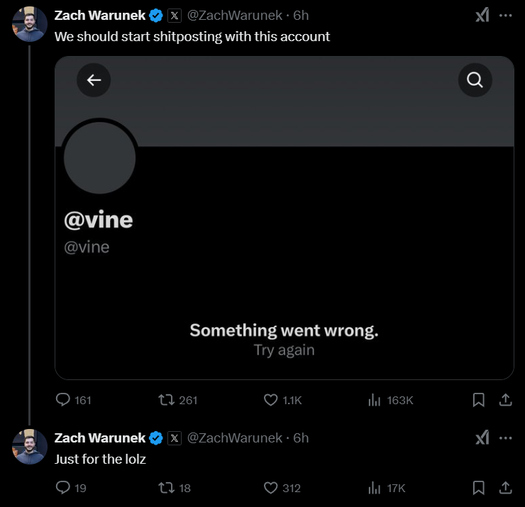 Jeremybtc's tweet photo. even the official x team are talking about Vine

i think it's only a matter of time until we see it come back

maybe not exactly as 'vine', could be x videos or something of that style

but platform stays the same

bring back $vine https://t.co/Ro6vAMm1sS