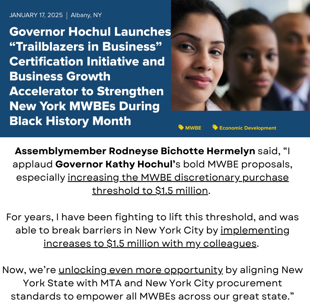 By lifting the discretionary purchase threshold for #MWBEs to $1.5 million across New York State, we will unlock #economic opportunities for everyone.

Thanks <a href="/GovKathyHochul/">Governor Kathy Hochul</a> for introducing this bold policy that has been a proven success in NYC🚜