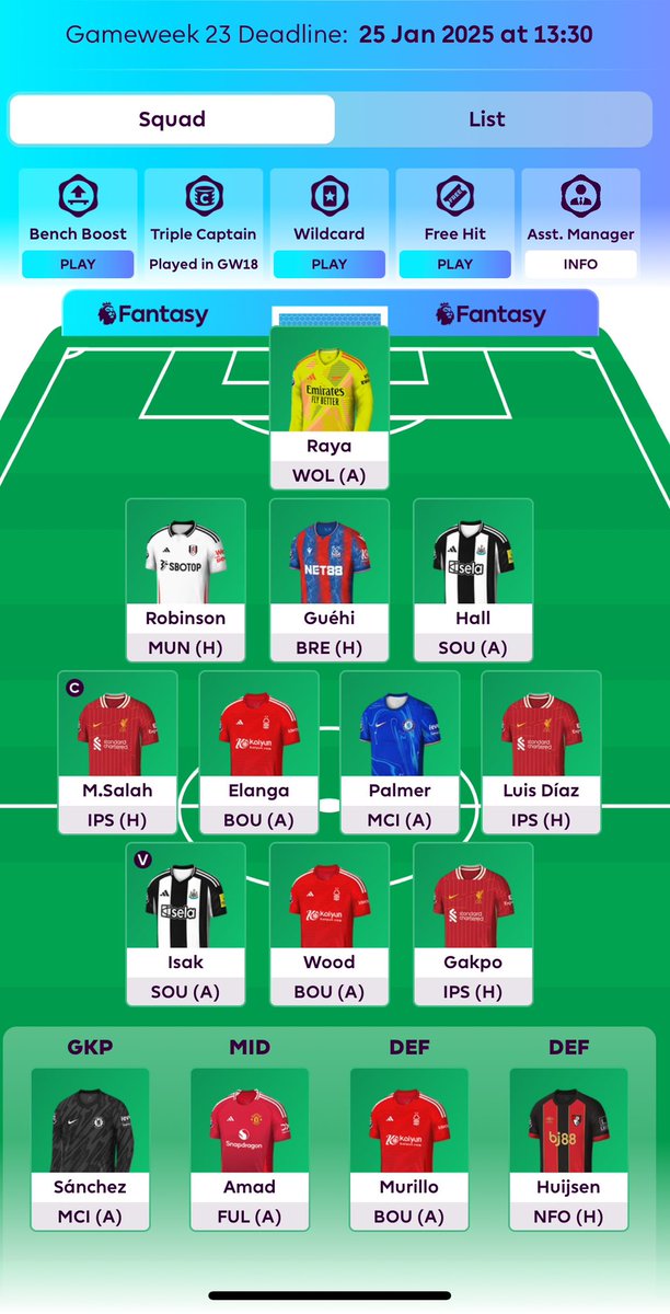jacktually93's tweet photo. Took a leap of faith in Liverpool on @OfficialFPL today, with return of Captain Salah, making a last minute Jota out, Diaz in transfer for -4 points (already did Saliba out, Guehi in earlier in the week)!  Hoping for goals for Liverpool and Forest now! #FPL #FPLCommunity https://t.co/sVYmZh7z0V