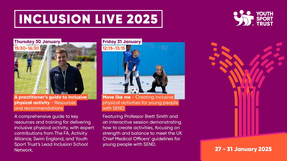 Inclusion Live 2025 starts on Monday! 🙌

But don't worry, there's still time to register to these FREE webinars!

This is a programme funded by the Department of Education which aims to improve the quality of schools’ physical education and school sport provision for SEND pupils