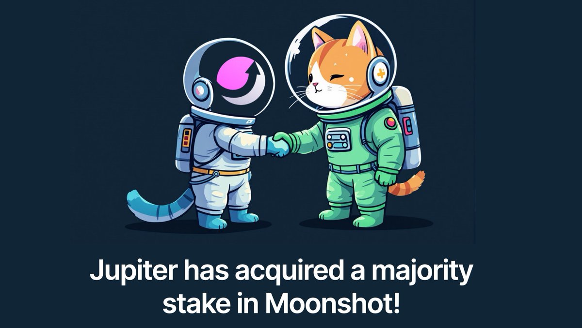 _FORAB's tweet photo. 今天终于看到个正向新闻了，Solana 上最大的 DEX Jupiter，收购了 Meme 界的小币安 Moonshot 多数股权，自此成为了 SOL 上的巨无霸。

可能中文区很多人，没用过 Moonshot，但是它在这波 Trump 行情中，带来了大量的圈外用户，它家特点就是 APP 可邮箱登陆、支持信用卡或苹果支付买币。

然后它们只推荐审核过的 Meme ，给到用户，让这帮新人，感觉像玩彩票一样，买喜爱的 Meme，可以理解它为 Meme 界的同花顺或 Robinhood，整个过程，体验要更简单。

近期 Moonshot 一度超过 ins，冲了下美区苹果商店下载的榜单，说明流量效应确实很强。

这波整合之后，自此 Jupiter 的战略就已经形成，Jupiter 承担聚合和流动性，而 Moonshot 就像是 xx 严选，直接推送给圈外用户，而 Moonshot 产生的手续费，也可以去回购 Jupiter 的 JUP 代币。

这也确保这波新进来的用户，只在 Solana 和 Moonshot 自家平台上，从而形成流量壁垒，也成功绕过了 CEX。

感慨的是，Solana 这边天天有很多动作。。隔壁 ETH 还在喊世界计算机万岁。。不理解，但尊重，继续做家人吧。