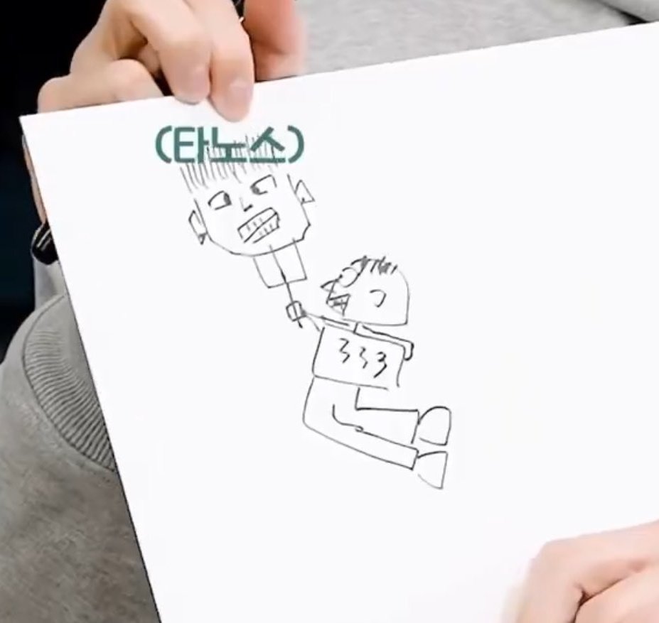 sunizup's tweet photo. Siwan captured the emotion in Thano's face really well, but I'm wondering why he drew MyungGi looking like a small ogre with hardly any hair! MyungGi, where is all your hair??Kk🤭💕 

#YimSiwan #임시완 #SquidGame2 #SquidGame3 #오징어게임2 #이명기 https://t.co/yGudkI05nA