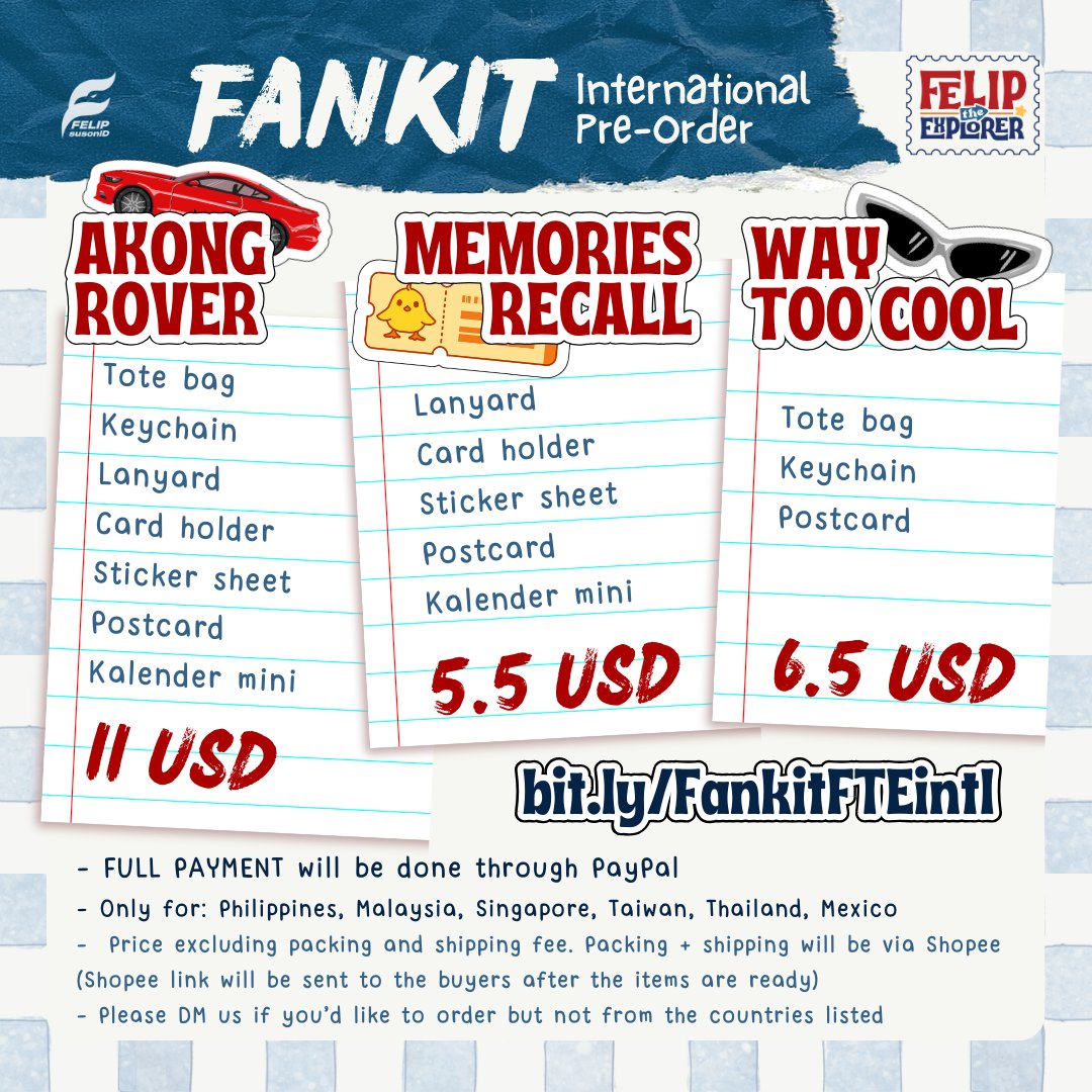 FELIPsusonID's tweet photo. 🌟 Fankit INTL Preorder

We're finally opening #FELIPTheExplorer fankit preorder for international fans!

Open: Jan 25 - 31, 2025
For 🇵🇭🇲🇾🇸🇬🇹🇼🇹🇭🇲🇽, shipment will be through Shopee. If you'd like to buy from outside of those countries please DM us!

Order here:
https://t.co/Ph7xId95aR

It's only available via pre-order, don't miss it! 🥰

@felipsuperior #FELIP