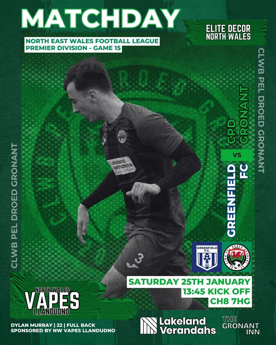 ⚽️ | It's matchday. Today we travel to Greenfield for a league fixture. Game details below👇

Come down to support the lads or check back later for the result👊

#CPDGronant🟢⚫️