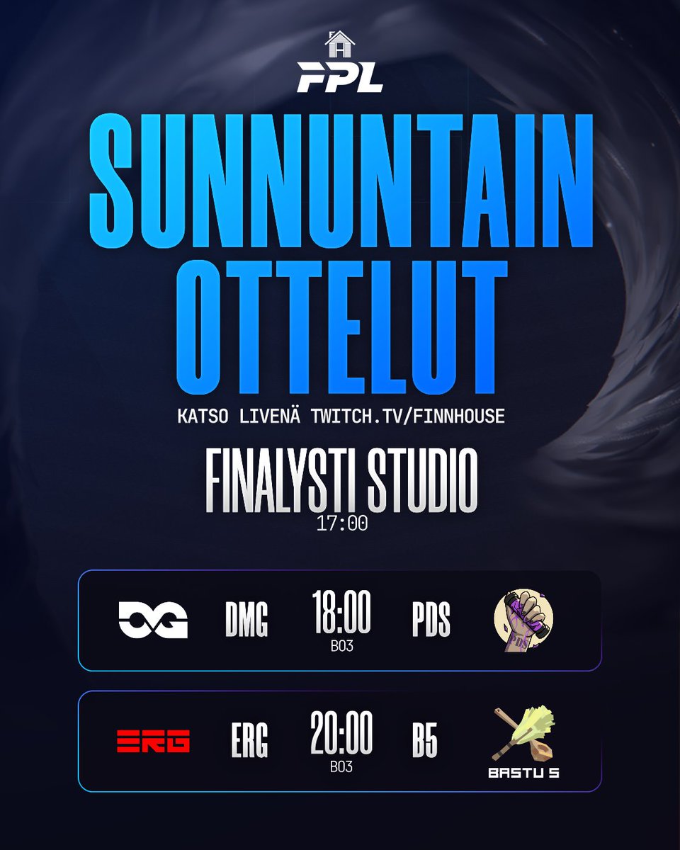 Viikon parhaat pelit säästetty viimeiseksi🤩

FINALYSTI STUDIO

<a href="/DMGesportsFI/">DMG Finland</a> VS <a href="/petenvirma/">Peten Tekoäly ja Tiktok-tanssikoulu</a> 

<a href="/erasion_gaming/">Erasion Gaming</a> VS <a href="/bastufive/">Bastu Five</a> 

twitch.tv/finnhouse
twitch.tv/finnhouse
twitch.tv/finnhouse

#OLEPELOTON