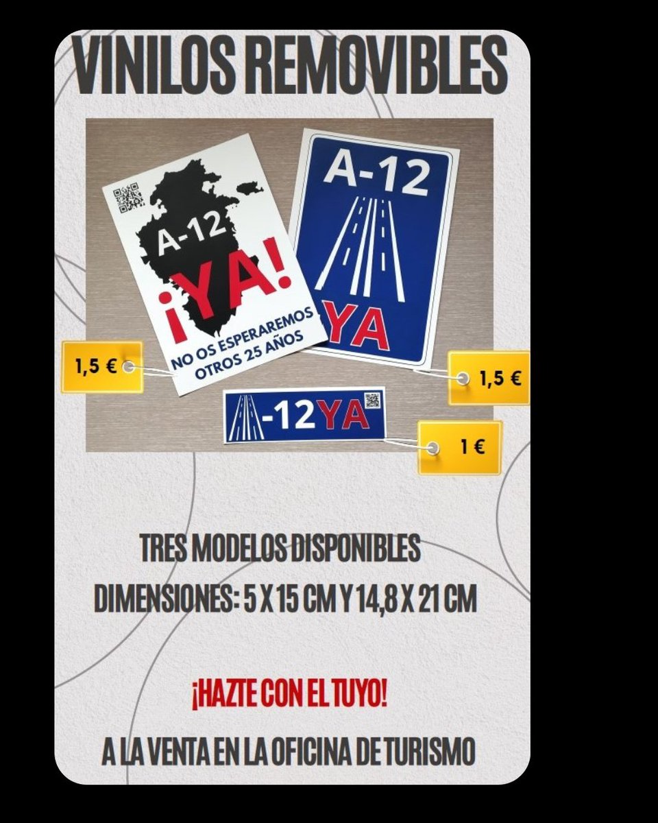 AytoBelorado's tweet photo. ¡OJO! Ya tenemos los vinilos disponibles.  ¡QUE SE VEA NUESTRA REIVINDICACIÓN! #A12 ¡LA QUEREMOS YA! Pásate por la oficina de turismo #AutoviaA12 #belorado #A12YA #BELORADO #CarreteraSegura #Beloradotienetirón https://t.co/r4UWuRkupk