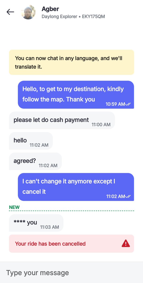 green_castl's tweet photo. @boltapp @BoltNigeri80956 I requested a ride from Ajah lagos to ikeja lagos, the bike driver accepted the trip, he noticed its a card trip, he requested that I should change it to cash but I told him i can't, except the trip is cancel which I can't. He immediately INSULTED ME and said (FUCK YOU) and he cancelled the trip.. This is unprofessional and unacceptable. I request the driver should be penalise for such unruly behaviour. Thank you 

His name is: Agber
Bike plate number is: EKY175QM
Bike type is : Daylong Explorer