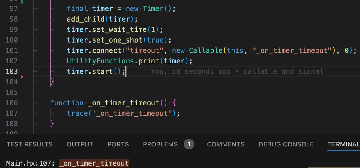 kevinresol's tweet image. Multiple things working here:
- allocate godot objects (Timer/Callable) in cppia
- pass them to godot (add_child/connect)
- have godot callback a function

#Haxe #cppia #GodotEngine