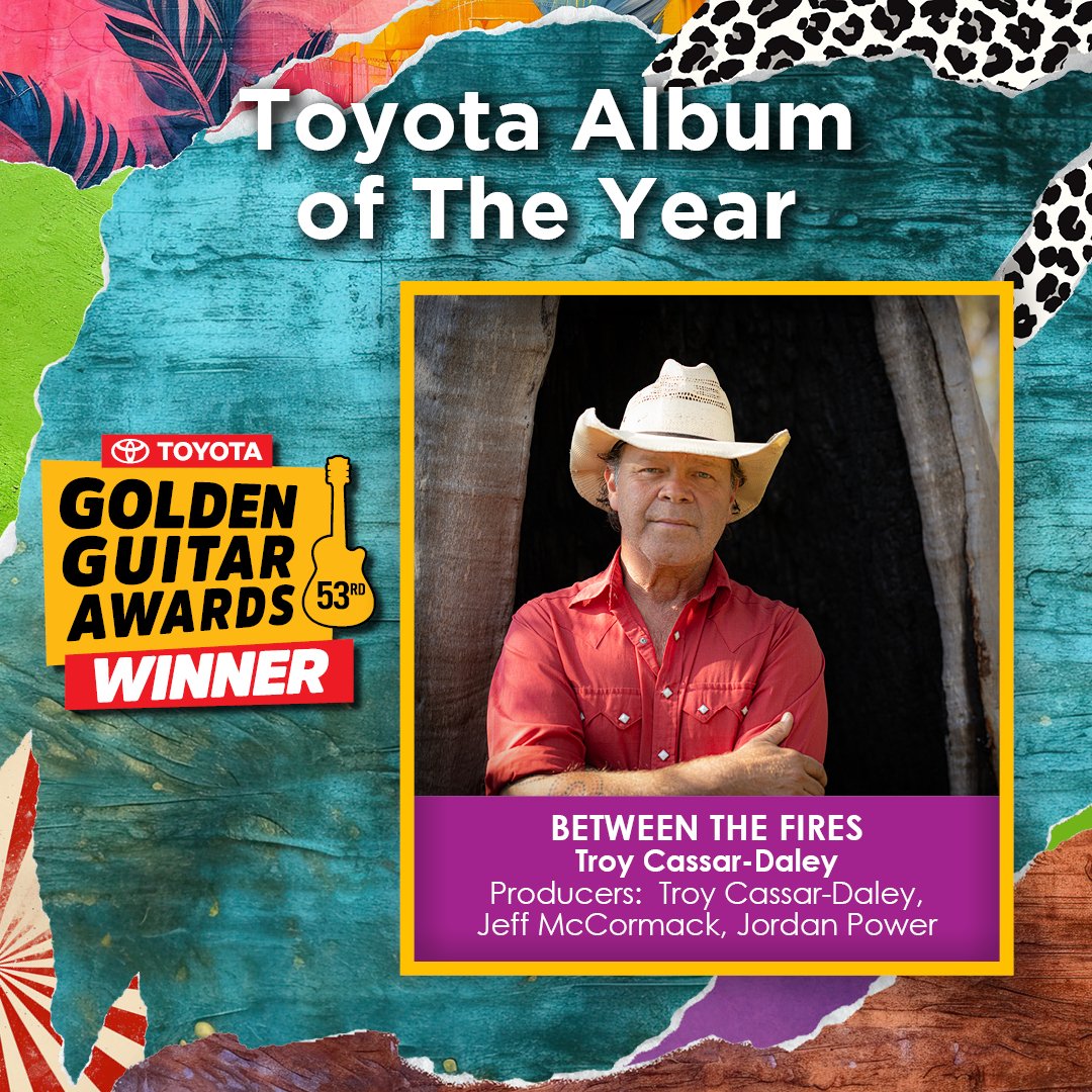 Tamworth Country Music Festival (@tcmf_official) on Twitter photo The 2025 Golden Guitar Award for the <a href="/Toyota_Aus/">Toyota Australia</a> Album of the Year goes to...
<a href="/troycassardaley/">Troy Cassar-Daley</a> for “Between the Fires” produced by Troy Cassar-Daley, Jeff McCormack & Jordan Power.
#GoldenGuitars #TCMF2025 The 2025 Golden Guitar Award for the <a href="/Toyota_Aus/">Toyota Australia</a> Album of the Year goes to...
<a href="/troycassardaley/">Troy Cassar-Daley</a> for “Between the Fires” produced by Troy Cassar-Daley, Jeff McCormack & Jordan Power.
#GoldenGuitars #TCMF2025