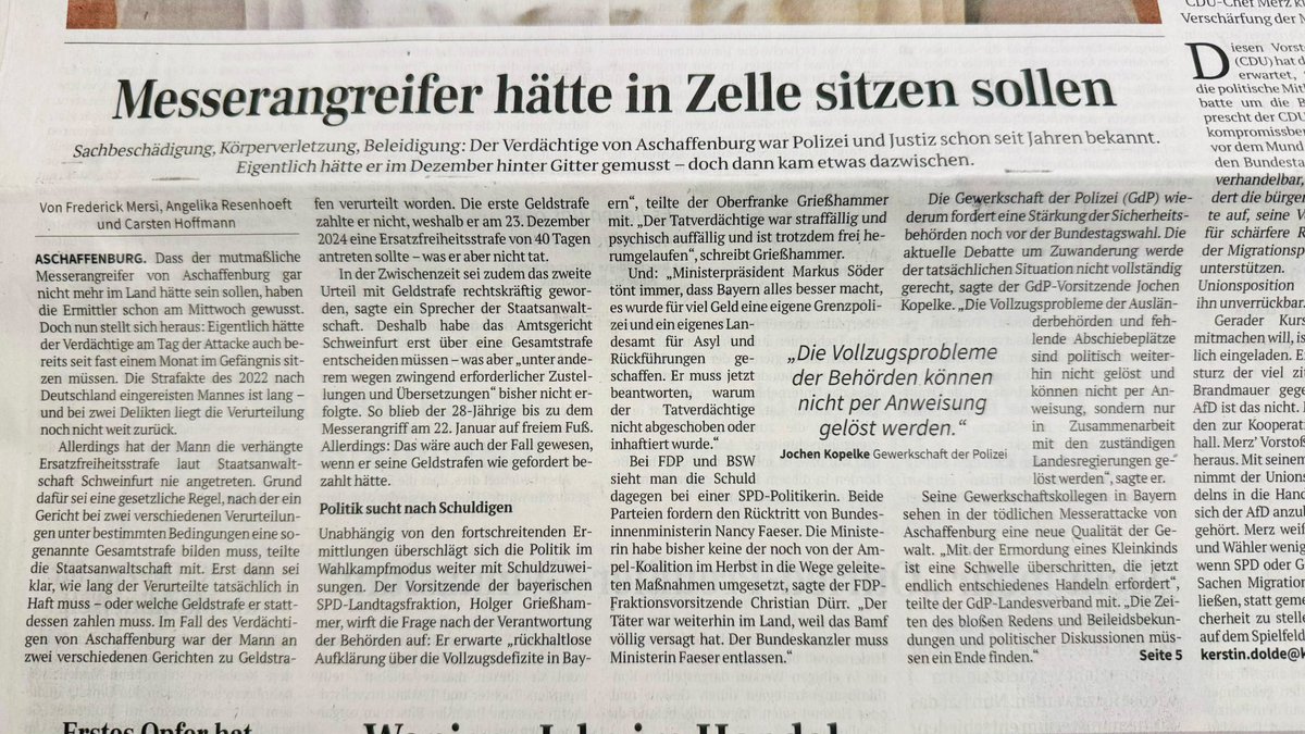 Lieber Herr <a href="/_FriedrichMerz/">Friedrich Merz</a>.
Vielleicht wäre es gar nicht nötig, gemeinsam mit Nazis den Rechtsstaat abzuschaffen und aus Schengen auszutreten, wenn <a href="/Markus_Soeder/">Markus Söder</a> sich für das Behördenversagen in Bayern entschuldigen und sein Innenminister Joachim Herrmann zurücktreten würde.