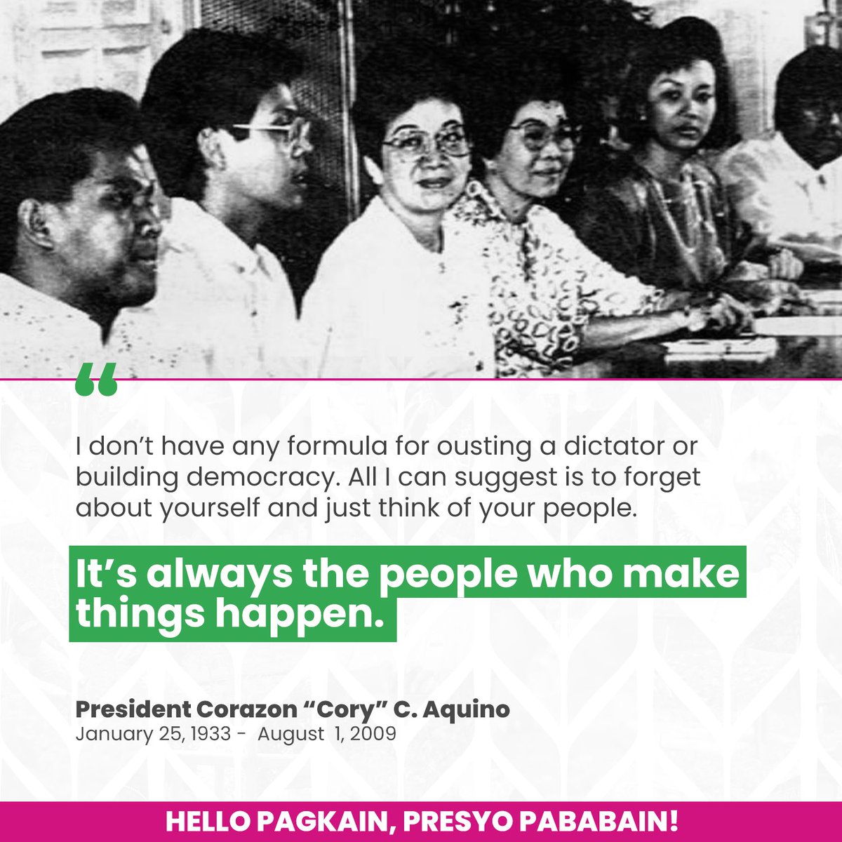 kikopangilinan's tweet photo. Maligayang kaarawan, Tita Cory!

Sa inyong pamumuno, ipinamalas ninyo ang lakas ng tapang at pananampalataya upang maibalik ang demokrasya sa ating bansa. Maraming salamat sa inspirasyon at gabay na iniwan ninyo para sa ating bayan.

Patuloy po kayong inspirasyon sa laban para sa isang mas makatarungan at tapat na pamamahala.