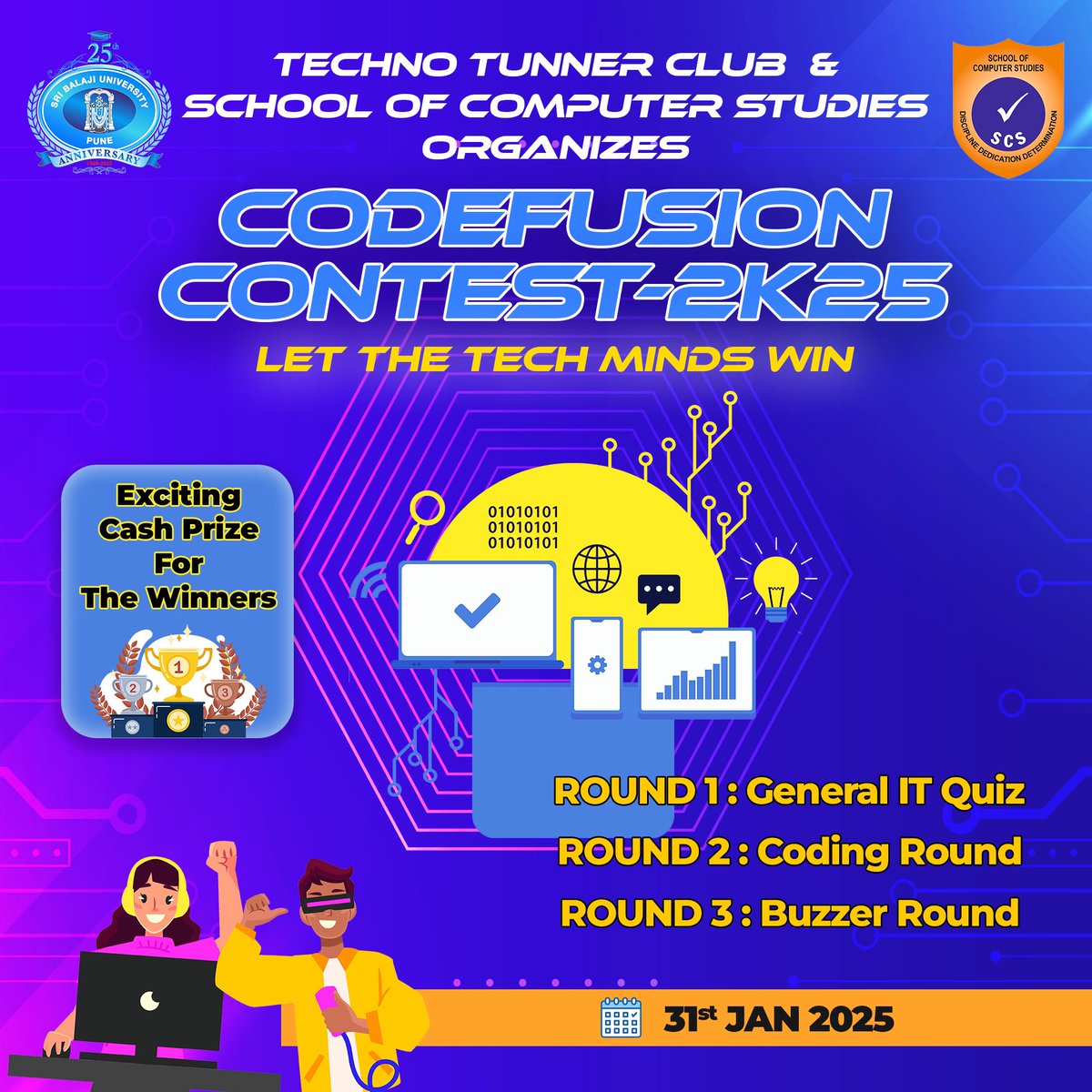 sbupune's tweet image. CodeFusion 2K25: Quiz, Code, Conquer! ๐ Team up & win cash prizes. Jan 31st. #CodeFusion2K25 #TechCompetition #SBUP