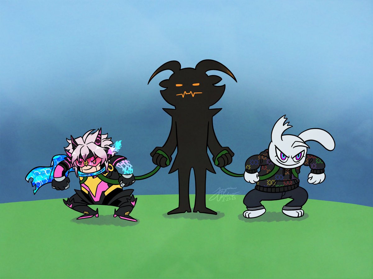 ThatGirlNameJaz's tweet photo. I was inspired by yesterday’s stream when Nazeeh and CyYu kept falling while Ben was waiting for them. I think they could have benefited from leashes at that moment to keep them from falling over and over again lmao

#BenbeArting #CyYuArt #NazeehArtsha https://t.co/9UlBFX53wK