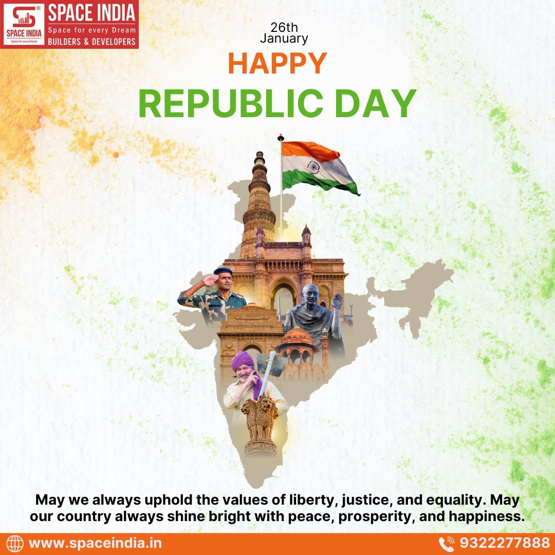 SpaceIndia1's tweet photo. 🇮🇳 Happy Republic Day! 🇮🇳
Today, as we celebrate the spirit of democracy and the values that unite us as a nation, Space India Builders &amp; Developers salutes the strength, resilience, and dreams of every Indian.
#RepublicDay2025 #SpaceIndiaBuilders #JaiHind #ProudToBeIndian https://t.co/qNighTUjLF