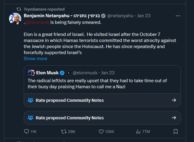 Oh, Riot Games' co-founder is RTing words from a warmonger with an active arrest warrant from the International Criminal Court who is defending a near-trillionaire who did Nazi salutes and is endorsing the far-right all over the globe?

Anyways how was your week?