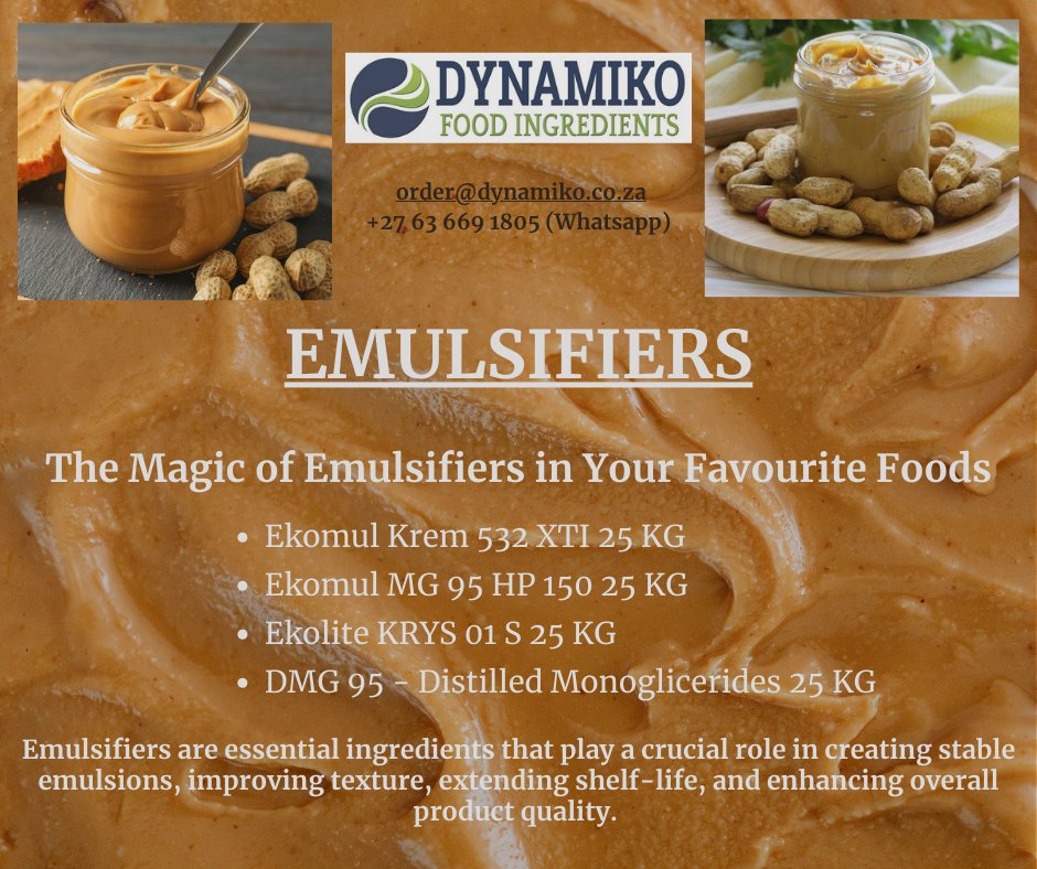 DynamikoFoodIng's tweet image. 🥜🧈 Did you know EMULSIFIERS are key ingredients in making creamy peanut butter and smooth margarine? 🧈 🥜 

Orders: 📧order@dynamiko.co.za
Product Development: 📧technicalinfo@dynamiko.co.za
Information: W/A 📱063 669 1805

#Emulsifiers #PeanutButter #Margarine #FoodScience