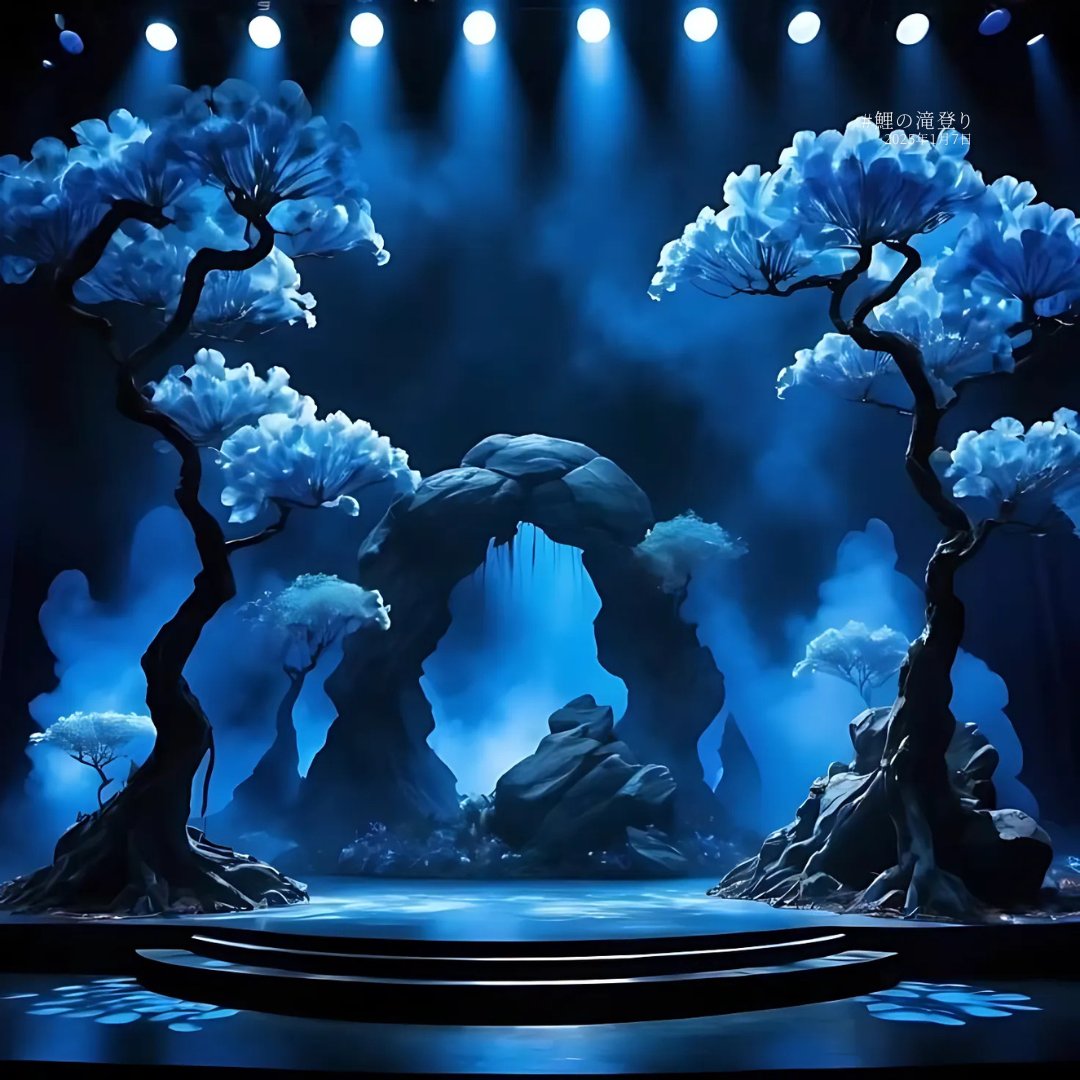 Malam itu, Mahoutokoro memancarkan cahaya biru magis, seperti air terjun di bawah langit malam. Kabut tipis menyelimuti ruangan, menciptakan suasana tenang dan menawan.