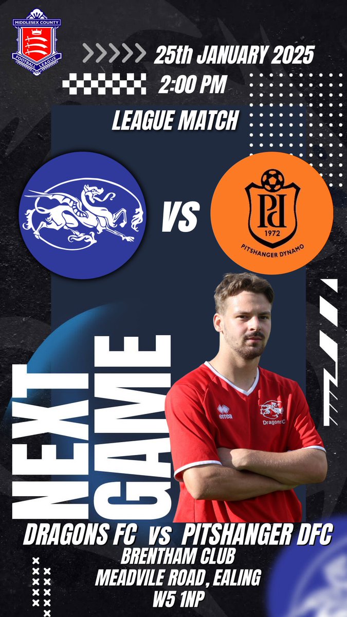 Kensington Dragons FC (@kendragonsfc) on Twitter photo 1st Team Match Details:
🗓️25/01/2025
🏆Middlesex Prem
⏱️2:00PM Kick Off
🆚<a href="/PitsDynamo/">Pitshanger Dynamo</a>
🏟️ Brentham Club
38a Meadville Road, Ealing
W5 1NP
#dragon #middlexfa #mens #nonleaguefootball #groundhopping #SupportLocal #community #grassrootsfootball #football
#home 1st Team Match Details:
🗓️25/01/2025
🏆Middlesex Prem
⏱️2:00PM Kick Off
🆚<a href="/PitsDynamo/">Pitshanger Dynamo</a>
🏟️ Brentham Club
38a Meadville Road, Ealing
W5 1NP
#dragon #middlexfa #mens #nonleaguefootball #groundhopping #SupportLocal #community #grassrootsfootball #football
#home