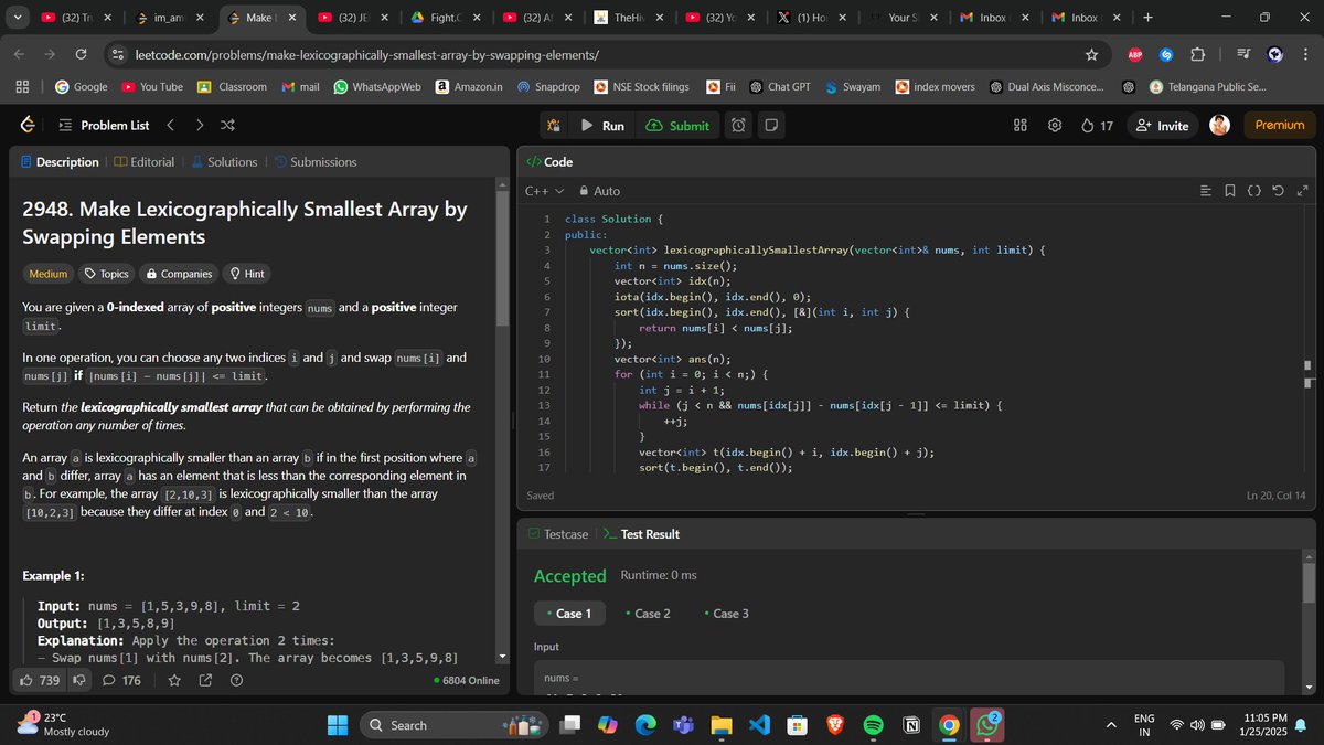 Amuul13's tweet image. Day-168
#LearnInPublic 
#200daysofcoding
--&amp;gt;Solved One LeetCode Problem
📌2948. Make Lexicographically Smallest Array by Swapping Elements

Time Complexity: O(NLogN)
Space Complexity: O(N)
#DSA 
#LeetCode