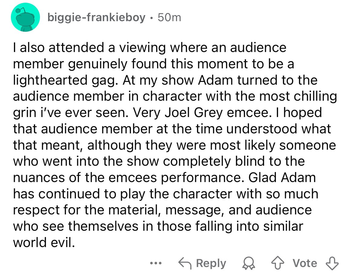 People on the Broadway subreddit are talking about Adam responding to audience laughter during that scene