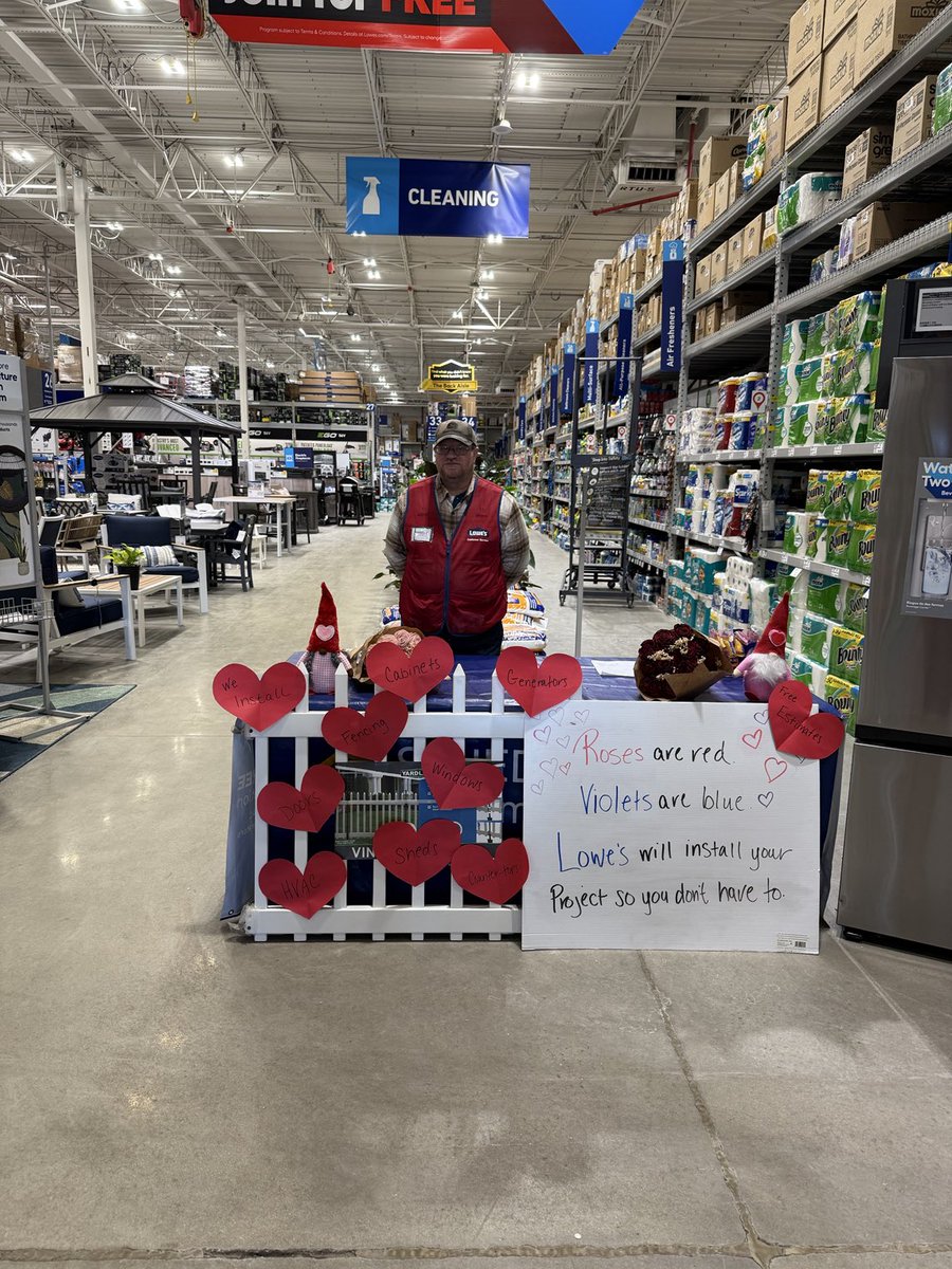 Love ❤️ is in the air at Lowe’s!! Loving to have us install your next project. Come on in estimates are free!! #1713. ⁦<a href="/PresnellLars/">Lars Presnell</a>⁩ ⁦<a href="/eric_marler/">Eric Marler</a>⁩ ⁦<a href="/anthonybutts3/">anthony butts</a>⁩