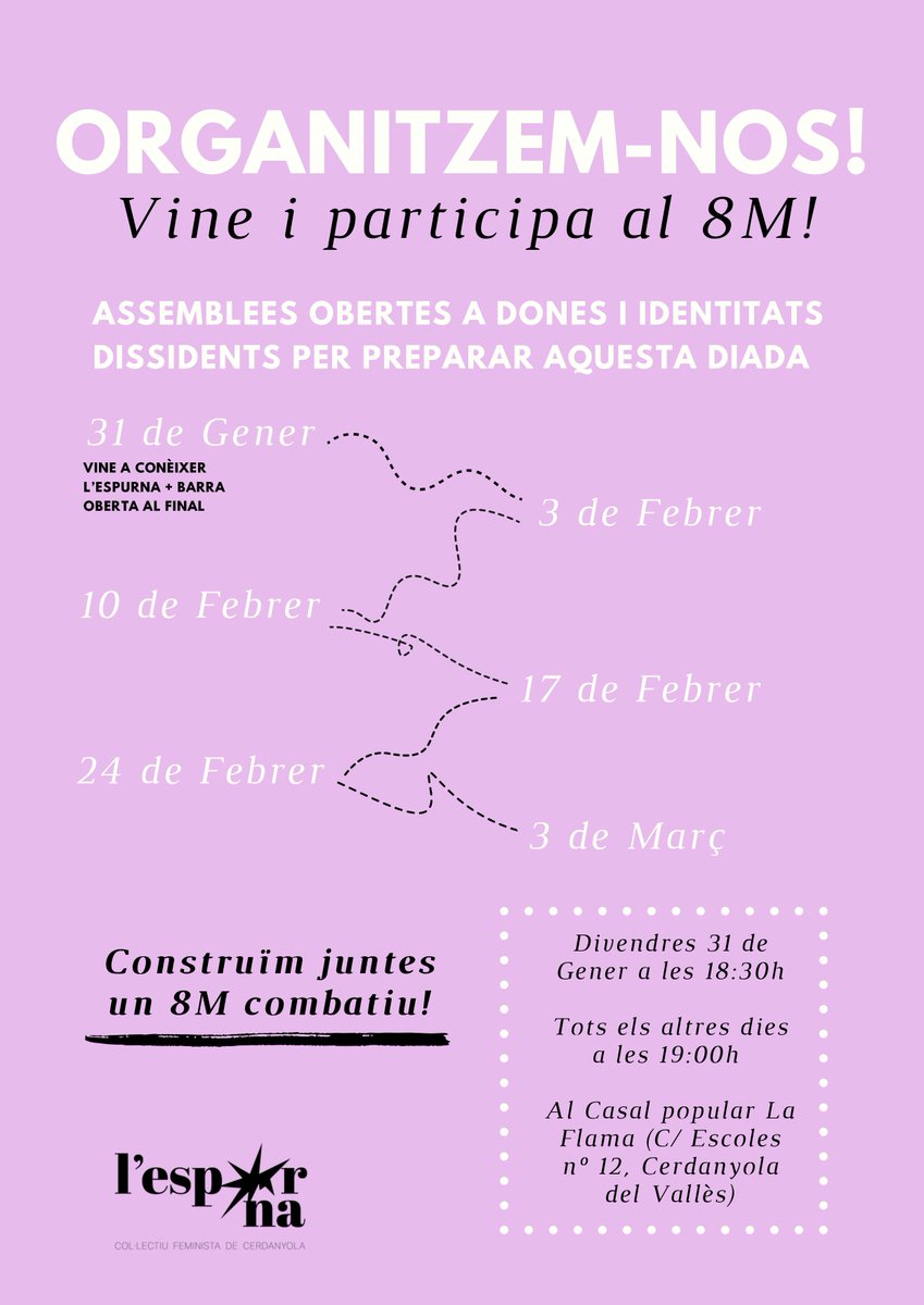 Des del col·lectiu feminista de Cerdanyola, us convidem a venir a les nostres assemblees. Només volem recordar que aquestes trobades són no mixtes. Tenim moltes ganes de veure-us i d'unir forces!💪💜