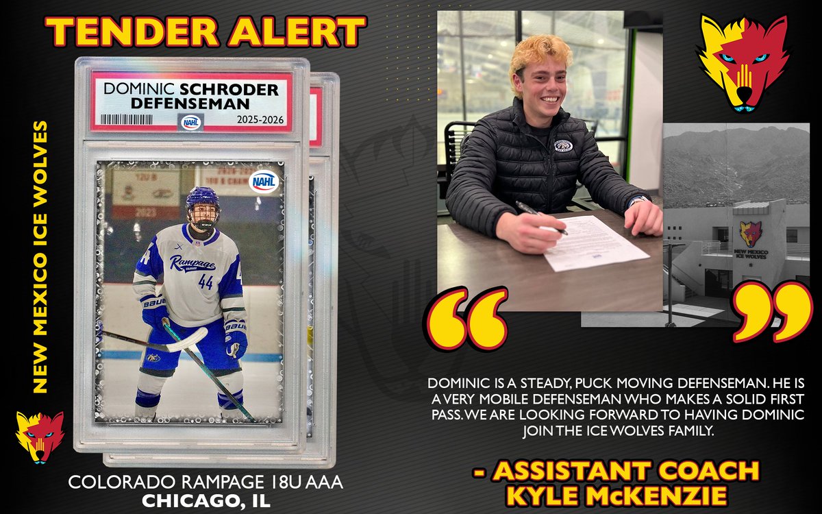 NMIceWolves's tweet photo. 🚨TENDER ALERT🚨 Dominic Schroder has officially signed a tender with the New Mexico Ice Wolves! #UnleashThePack https://t.co/eqwDjdXkWE