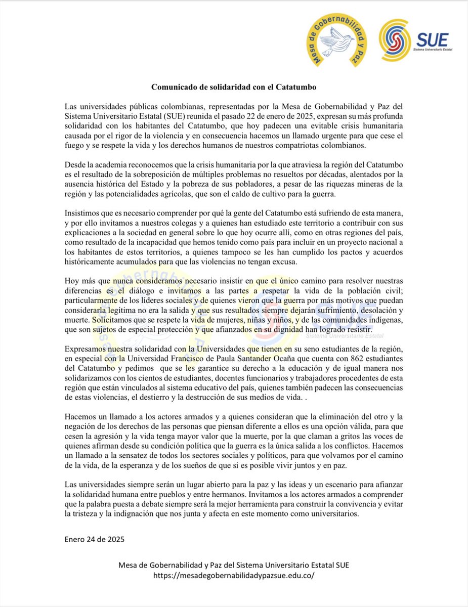 #Comunicado. La Mesa de Gobernabilidad y Paz del SUE, expresa su más profunda solidaridad con los habitantes del Catatumbo, que padecen una crisis humanitaria causada por la violencia y en consecuencia hacen un llamado urgente al cese al fuego y al diálogo.

Más detalles👇🏻